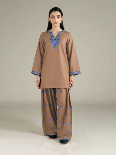 Shai Noor 2-piece embroidered lawn suit for women, casual summer wear, brown Pakistani dress with intricate embroidery detail.