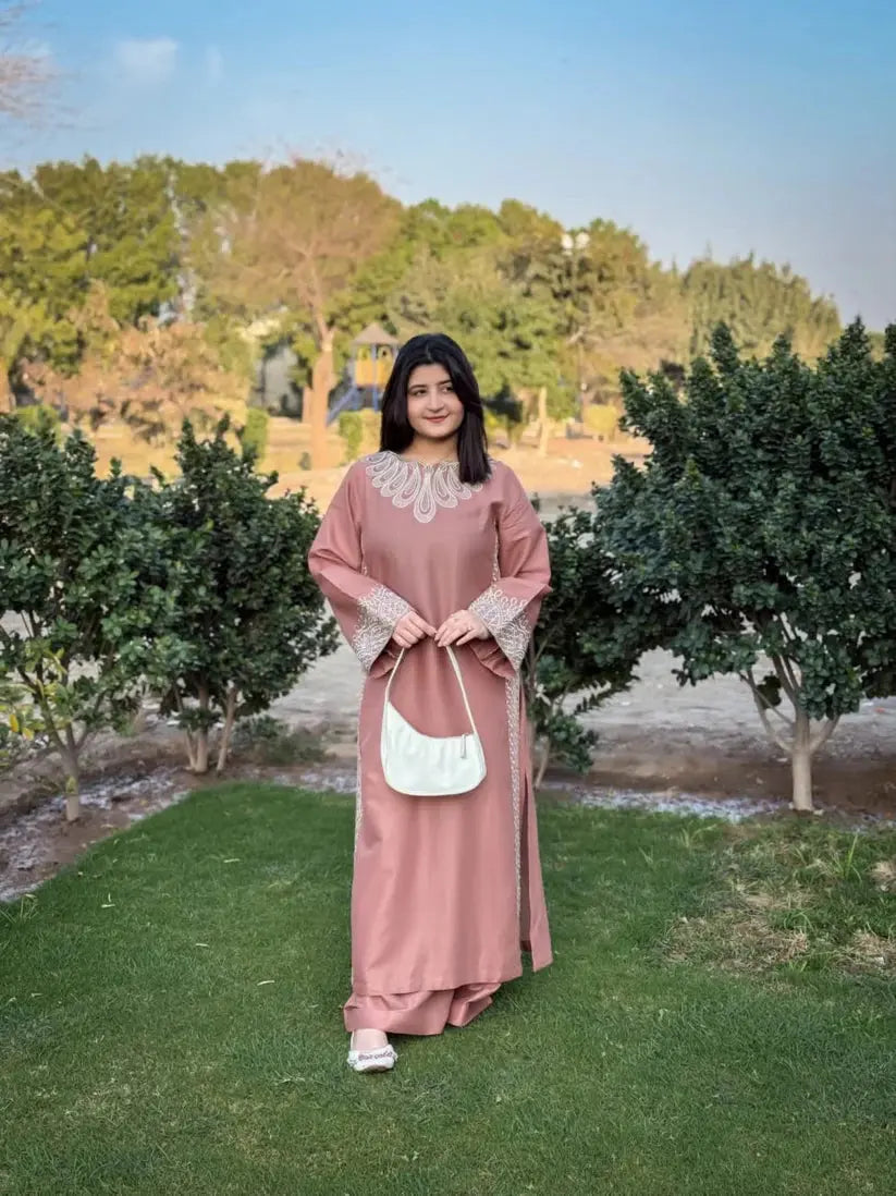 Maria embroidered 2 piece suit front view with long embroidered shirt and embroidered trouser by Shai Noor Pakistan