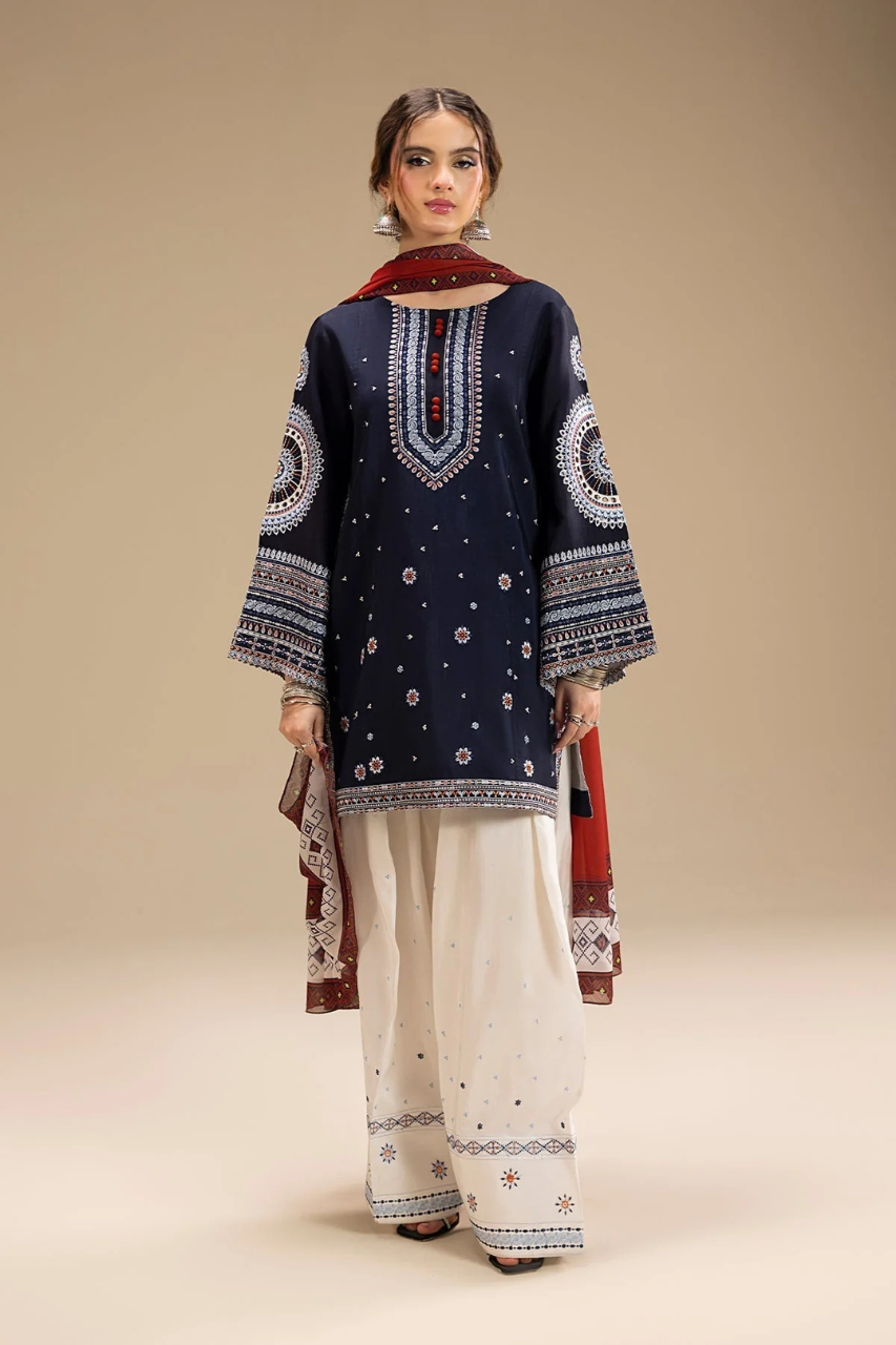 Shai Noor Rangrez 3 Piece embroidered shirt front with embroidered trouser and printed dupatta for women made in Pakistan