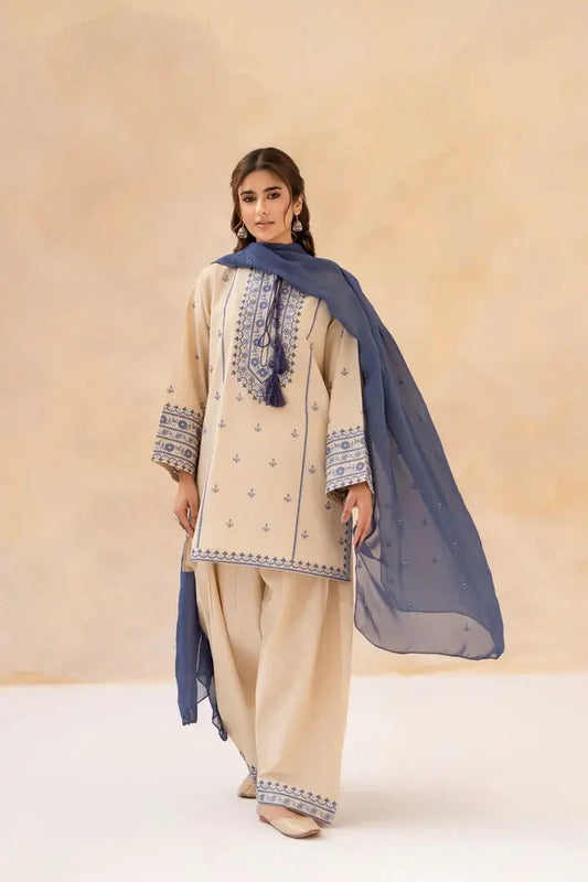 Sundari 3 piece embroidered shirt, trouser and chiffon dupatta front view by Shai Noor Pakistan.