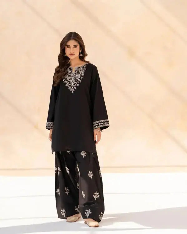 Black Sajal 2 Piece Embroidered Shirt and Farshi Shalwar Front View by Shai Noor