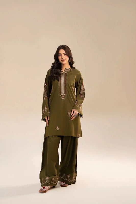 Humrahi 2 Piece Embroidered Lawn Suit for Women by Shai Noor – Embroidered Shirt & Trouser, Olive Green, Made in Pakistan