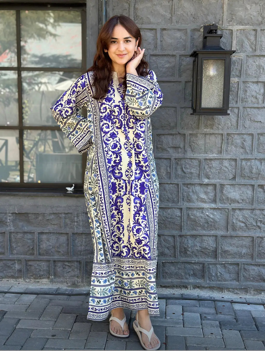 Kaftan 2 Piece Printed Dress Front View by Shai Noor Pakistan