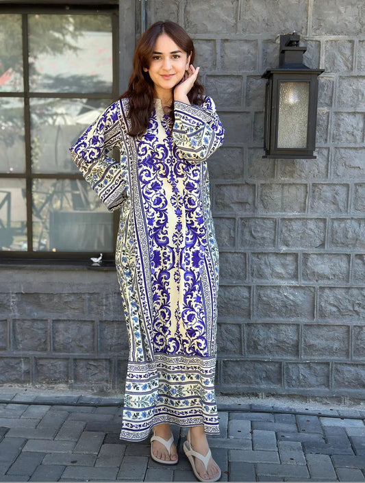 Kaftan 2 Piece Printed Dress Front View by Shai Noor Pakistan