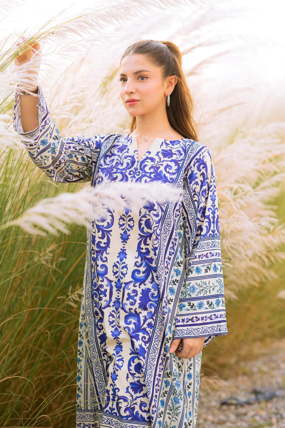 Kaftan 2 Piece Printed Dress Side View by Shai Noor Pakistan