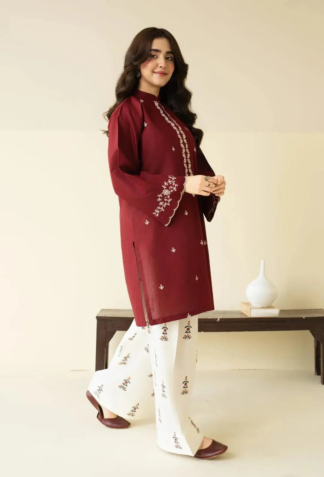 Maroon Embroidered Leelan Shirt with Off White Farshi Shalwar Side View Shai Noor